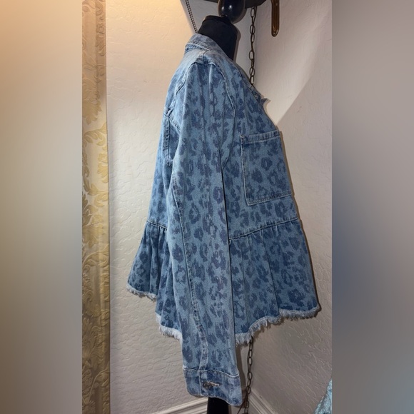 Mudpie Leopard Print Peplum Denim Blue Jeans Jacket Babydoll Distressed XL NWT - Picture 3 of 9